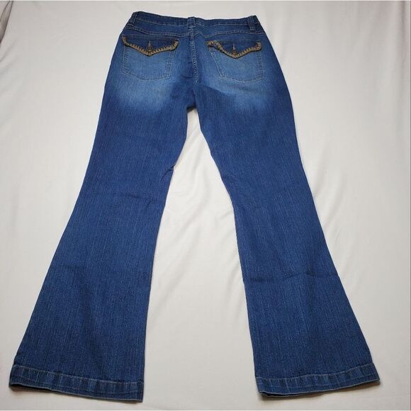8 CROCHETED TRIM POCKETS BOHO KIKT WIDE LEG FLARE BLUE TAN BOHEMIAN JEANS - Picture 14 of 15